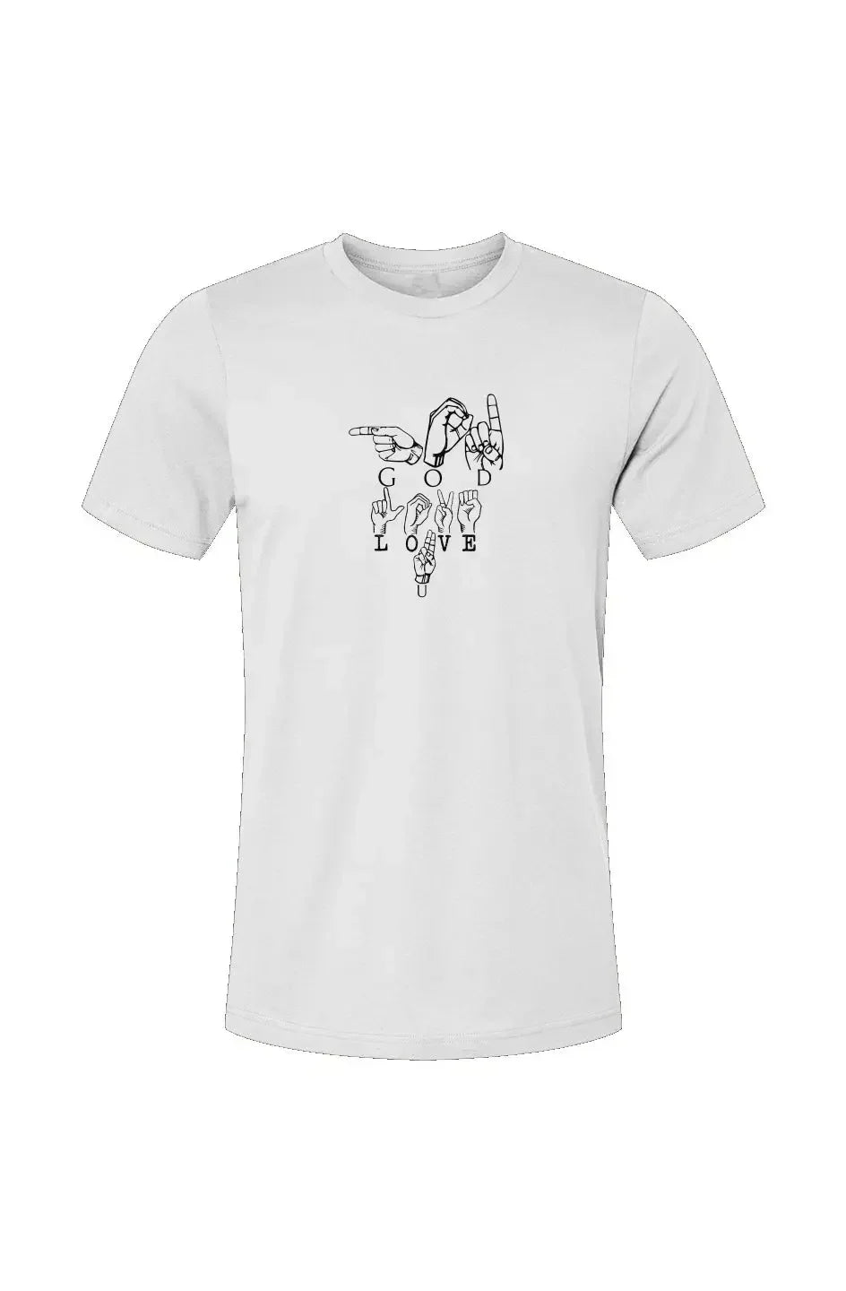 White luxury MY$TOAR t-shirt with 'God Loves U' sign language print and gold accent design.