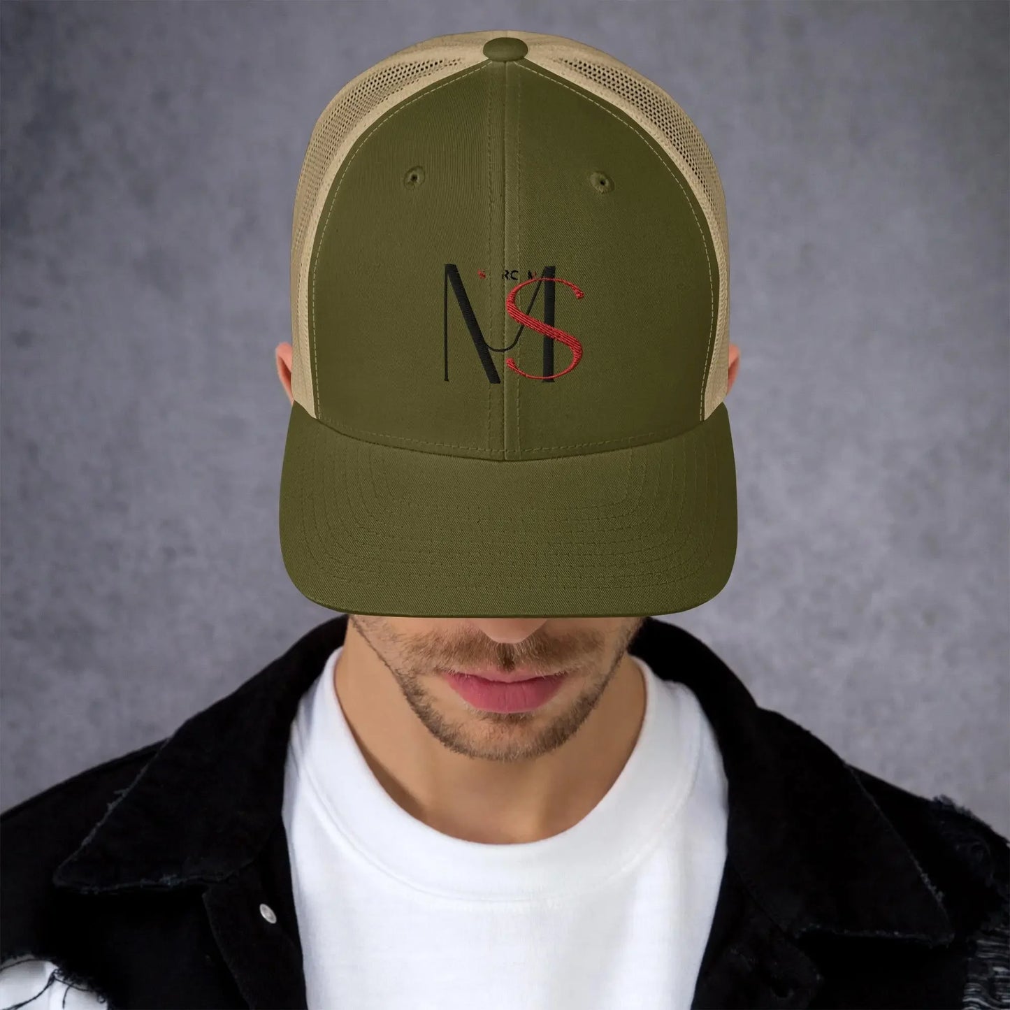 Moss khaki retro trucker hat with NS logo, luxury MY$TOAR print-on-demand accessory