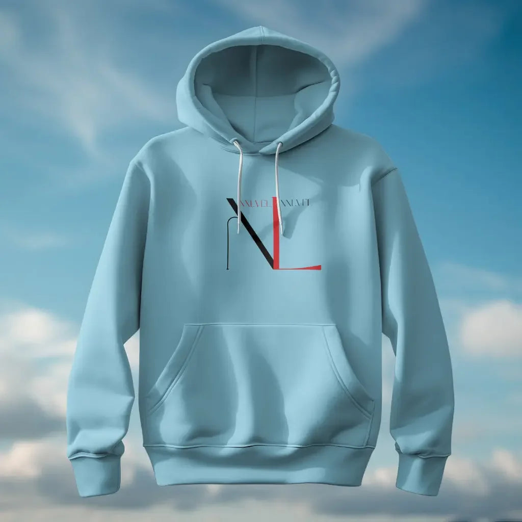 Light blue luxury hoodie with modern black and red graphic, MY$TOAR apparel, sky background