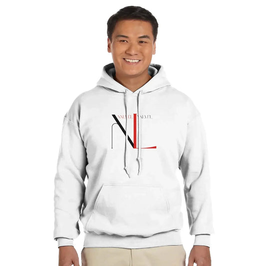 Smiling man wearing white MY$TOAR luxury hoodie with modern black and red letter design