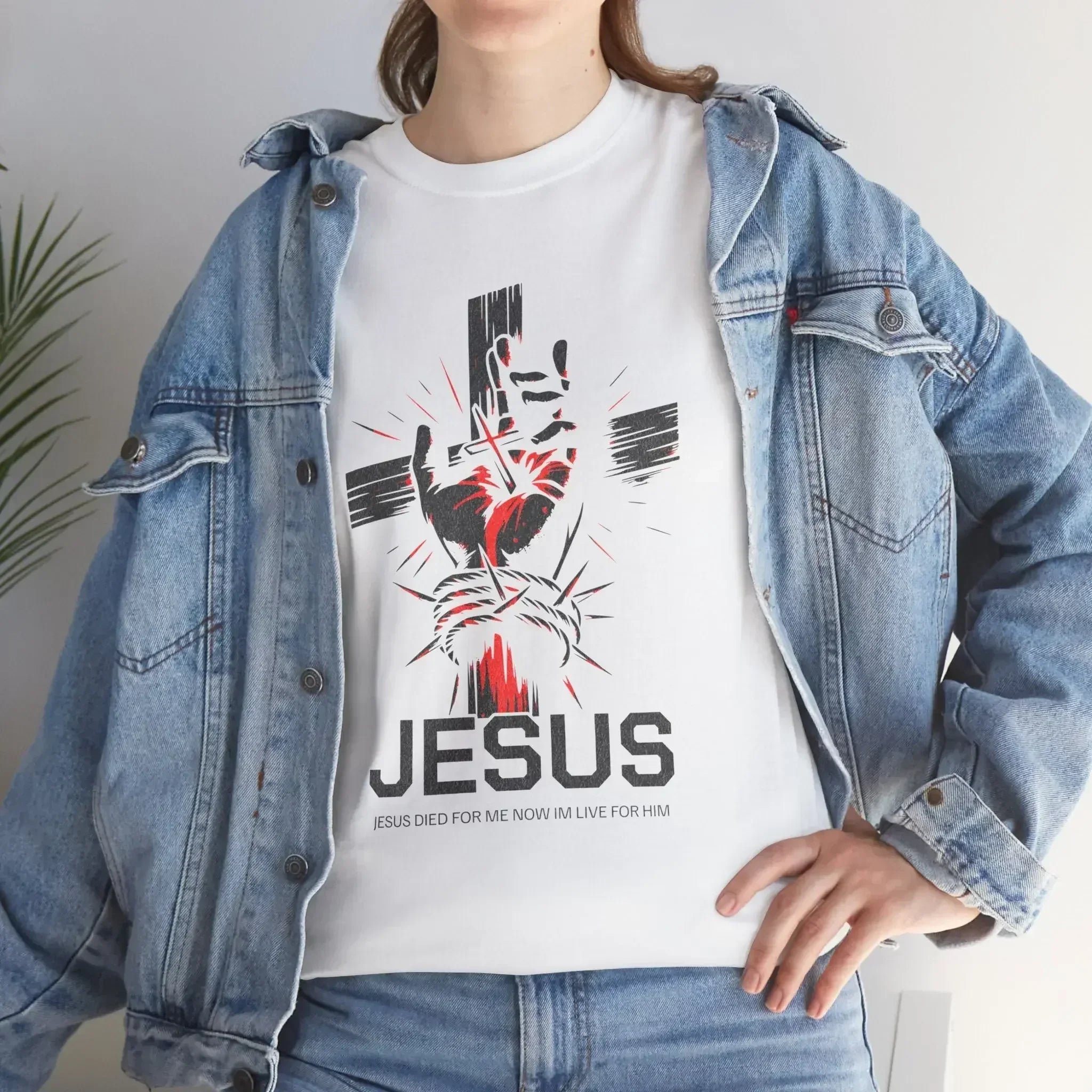 Woman wearing MY$TOAR luxury Jesus graphic tee with cross and crown of thorns design