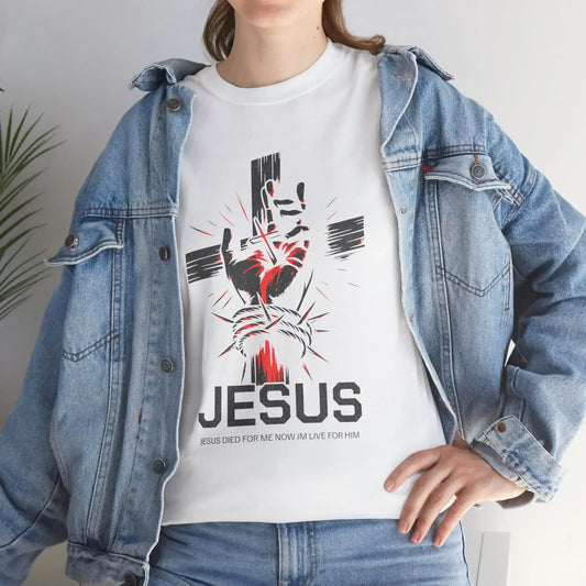 Woman wearing MY$TOAR luxury Jesus graphic tee with cross and crown of thorns design