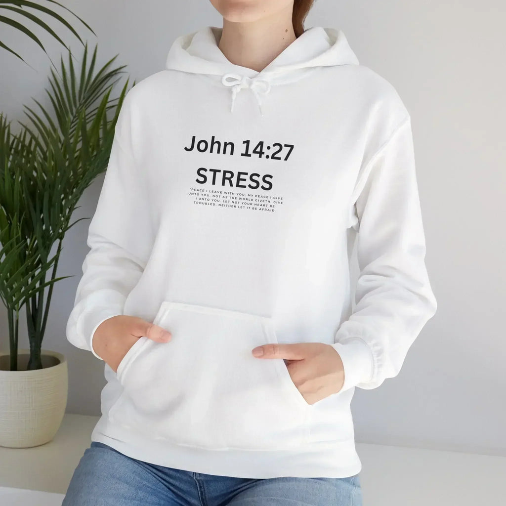 Person wearing white MY$TOAR hoodie with John 14:27 stress relief print, indoor plant background