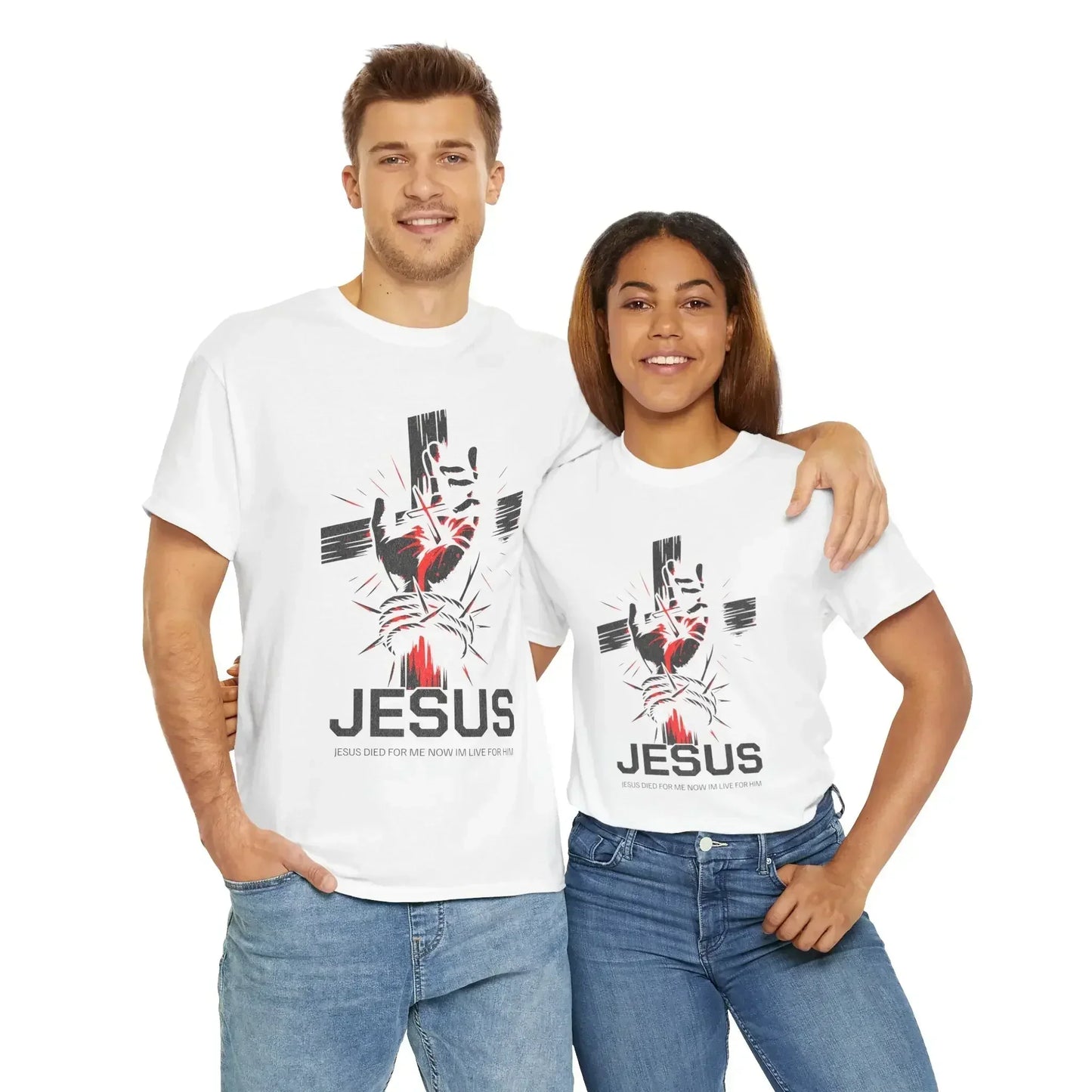 Two models in MY$TOAR luxury graphic tees with Jesus cross design on white background