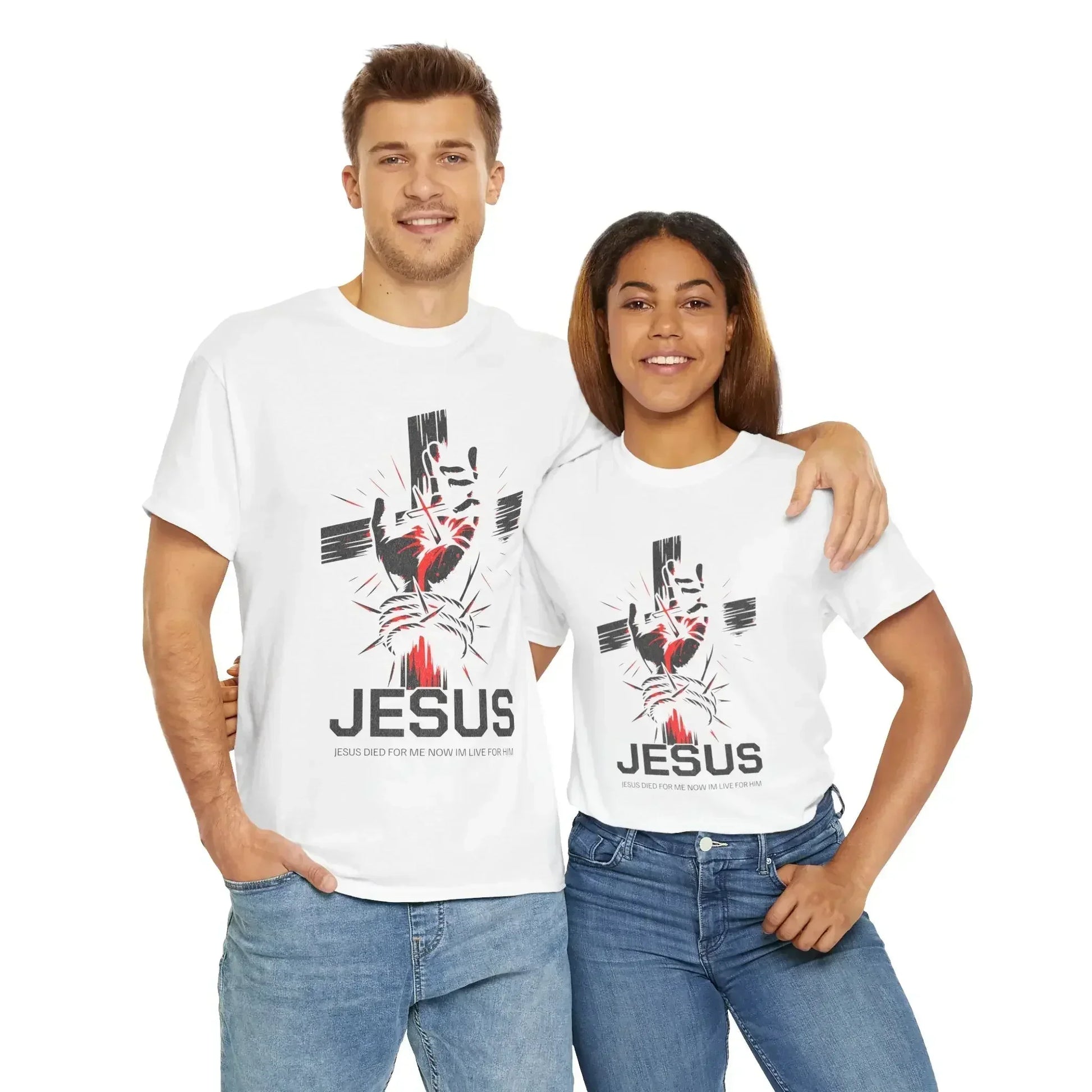 Two models in MY$TOAR luxury graphic tees with Jesus cross design on white background