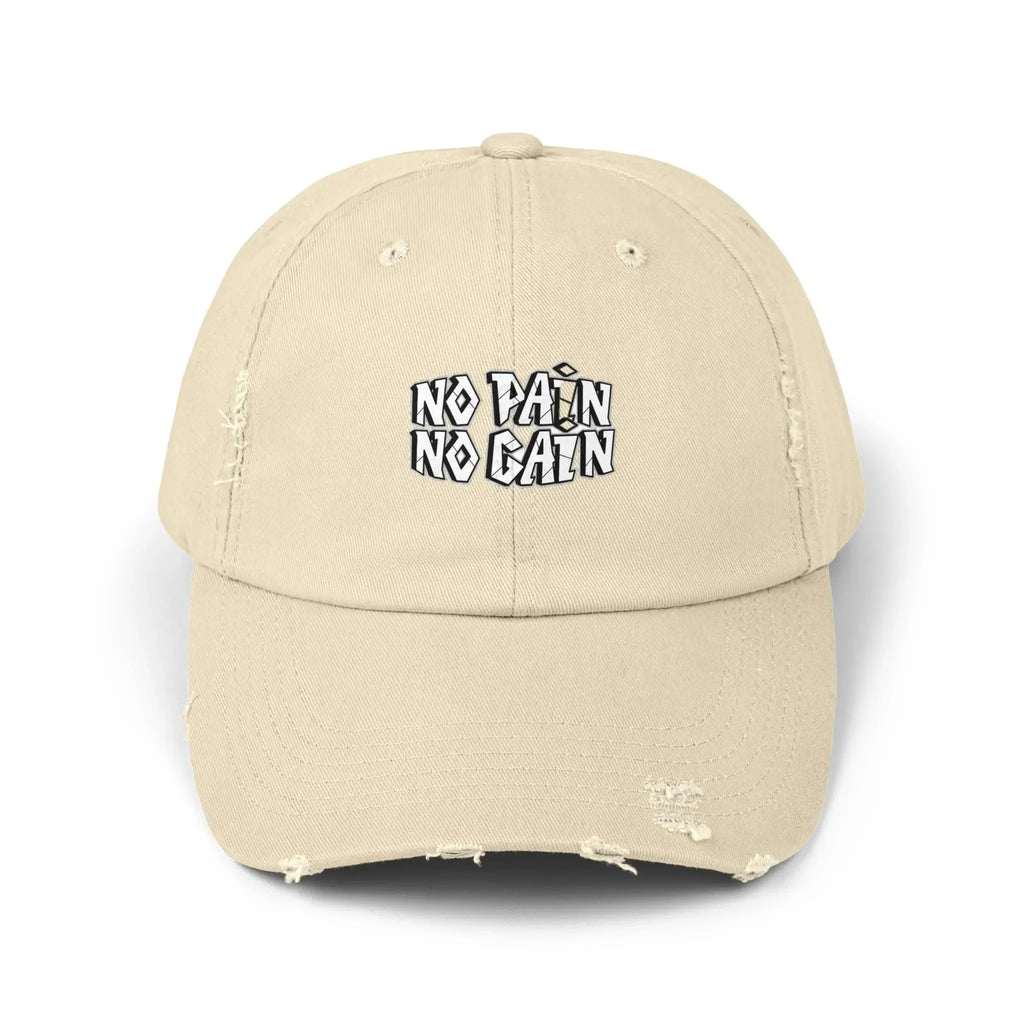 MY$TOAR beige distressed cap with 'No Pain No Gain' text, luxury print-on-demand accessory