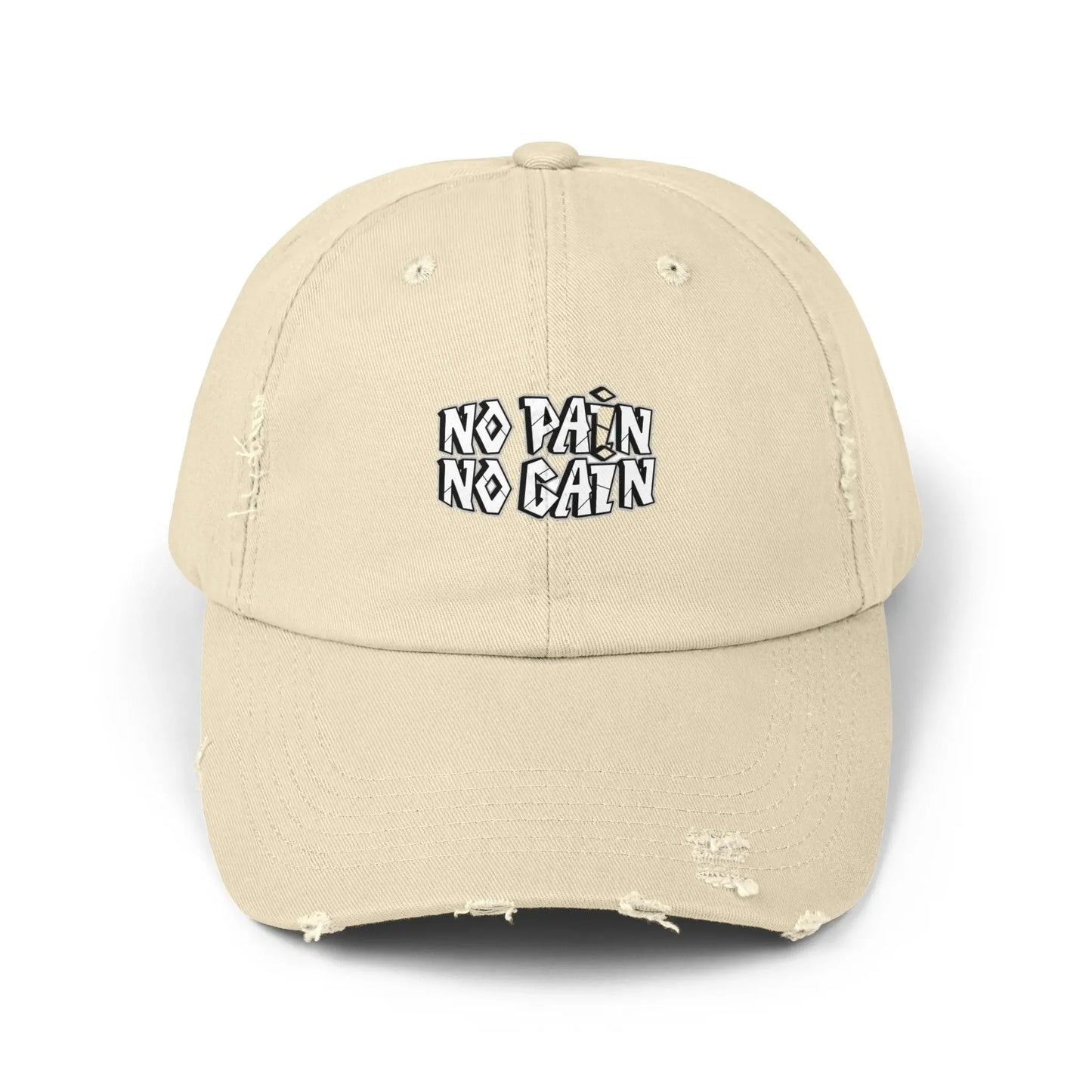 MY$TOAR beige distressed cap with 'No Pain No Gain' text, luxury print-on-demand accessory