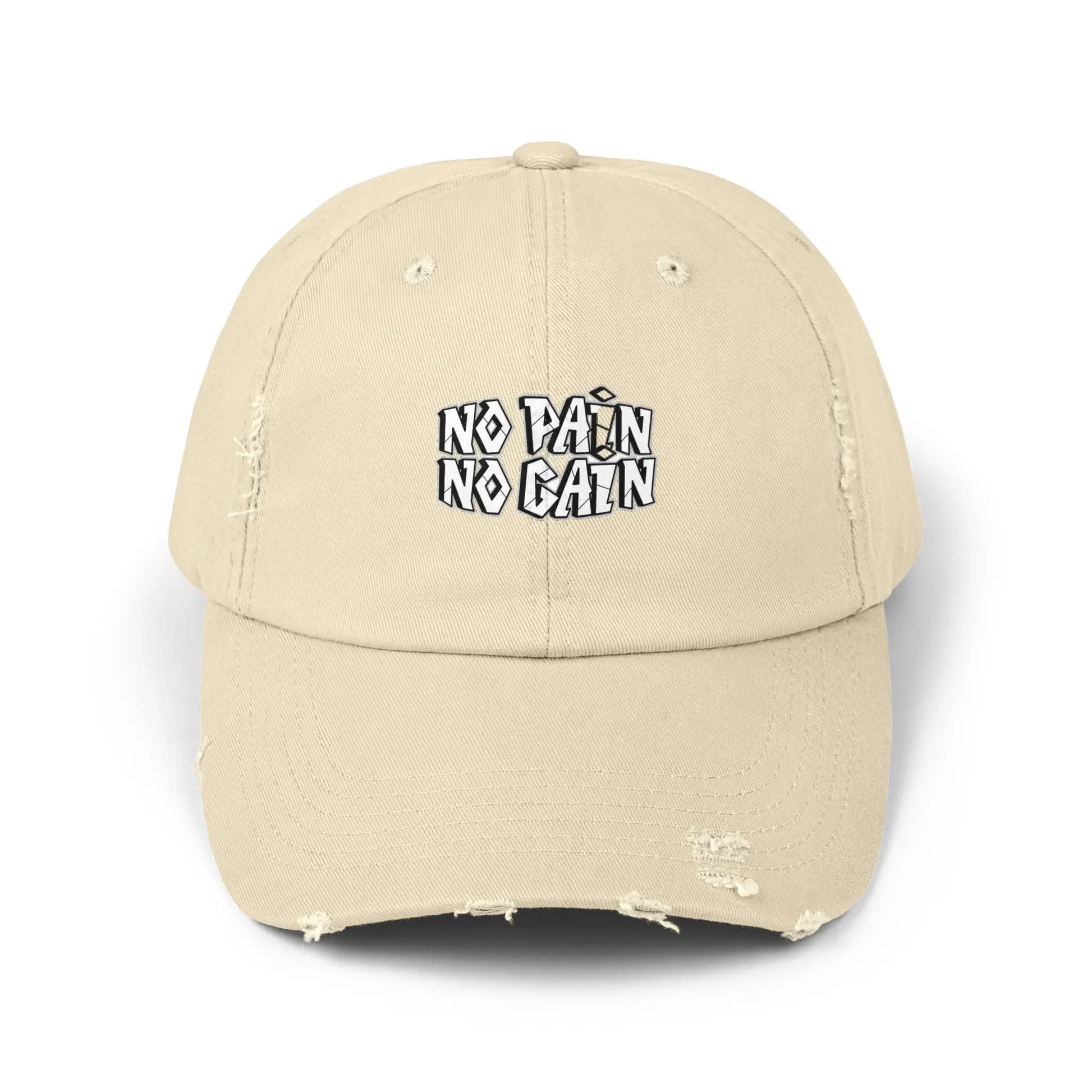 MY$TOAR beige distressed cap with 'No Pain No Gain' text, luxury print-on-demand accessory