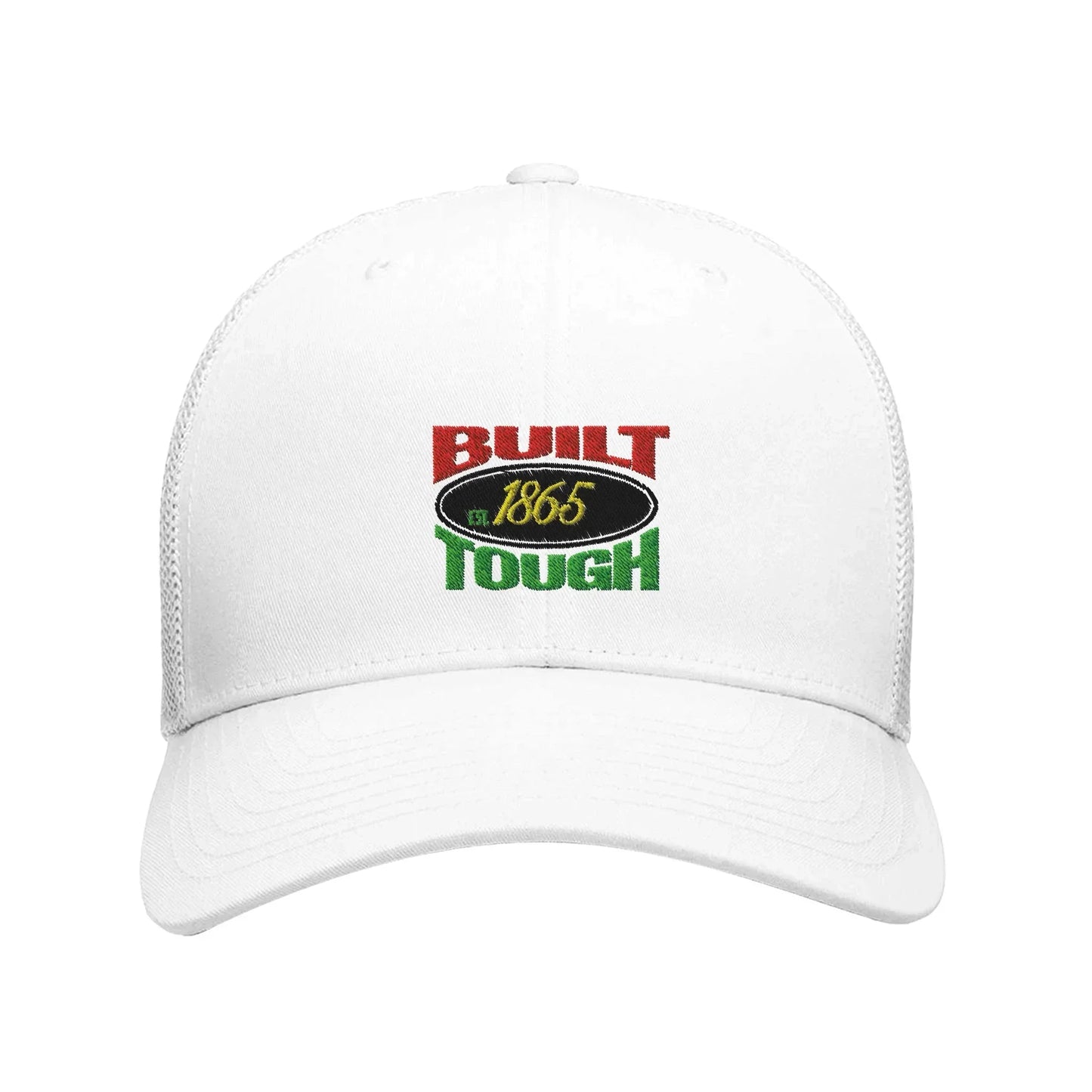 White MY$TOAR cap with 'Built Tough 1865' embroidered in red, gold, and green accents