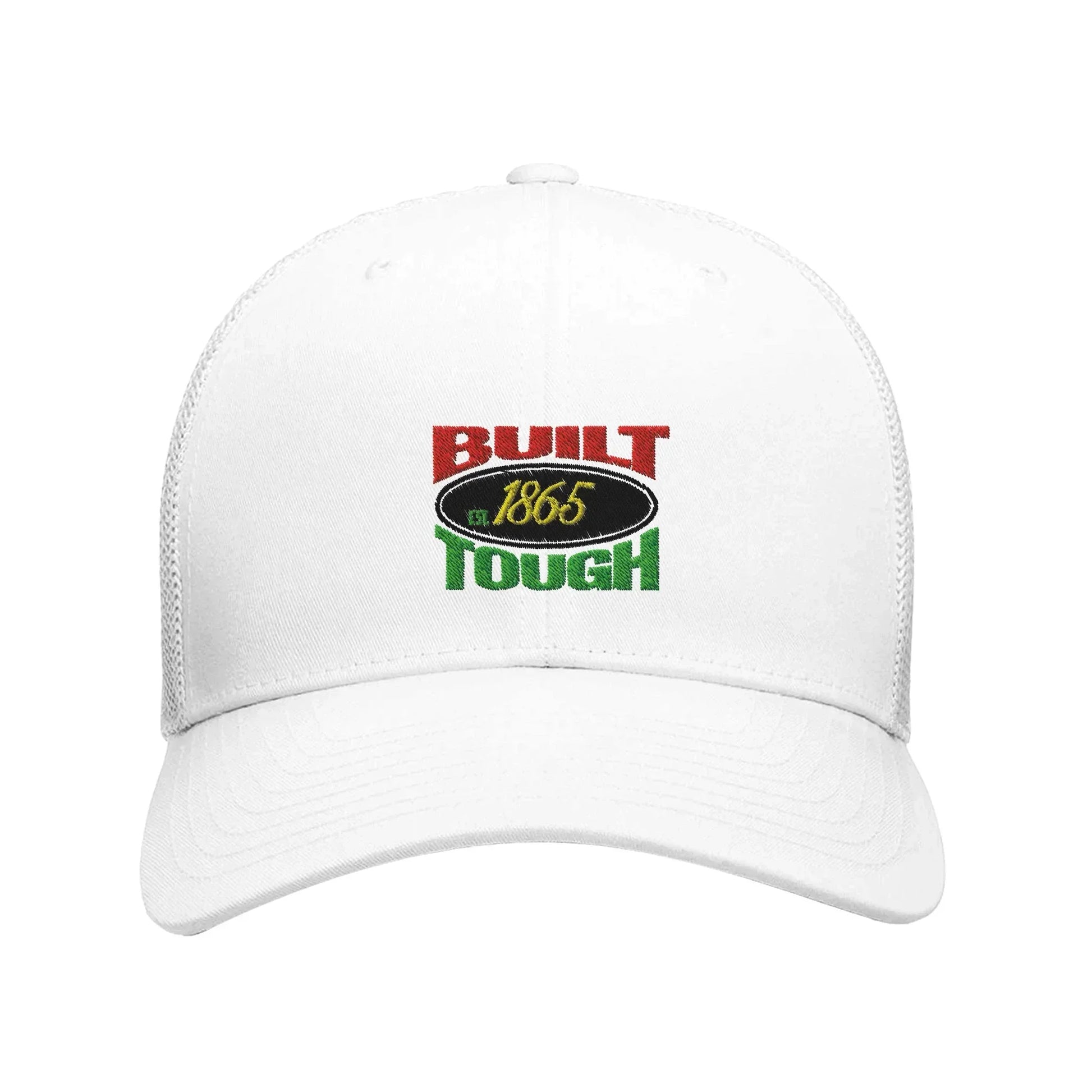 White MY$TOAR cap with 'Built Tough 1865' embroidered in red, gold, and green accents