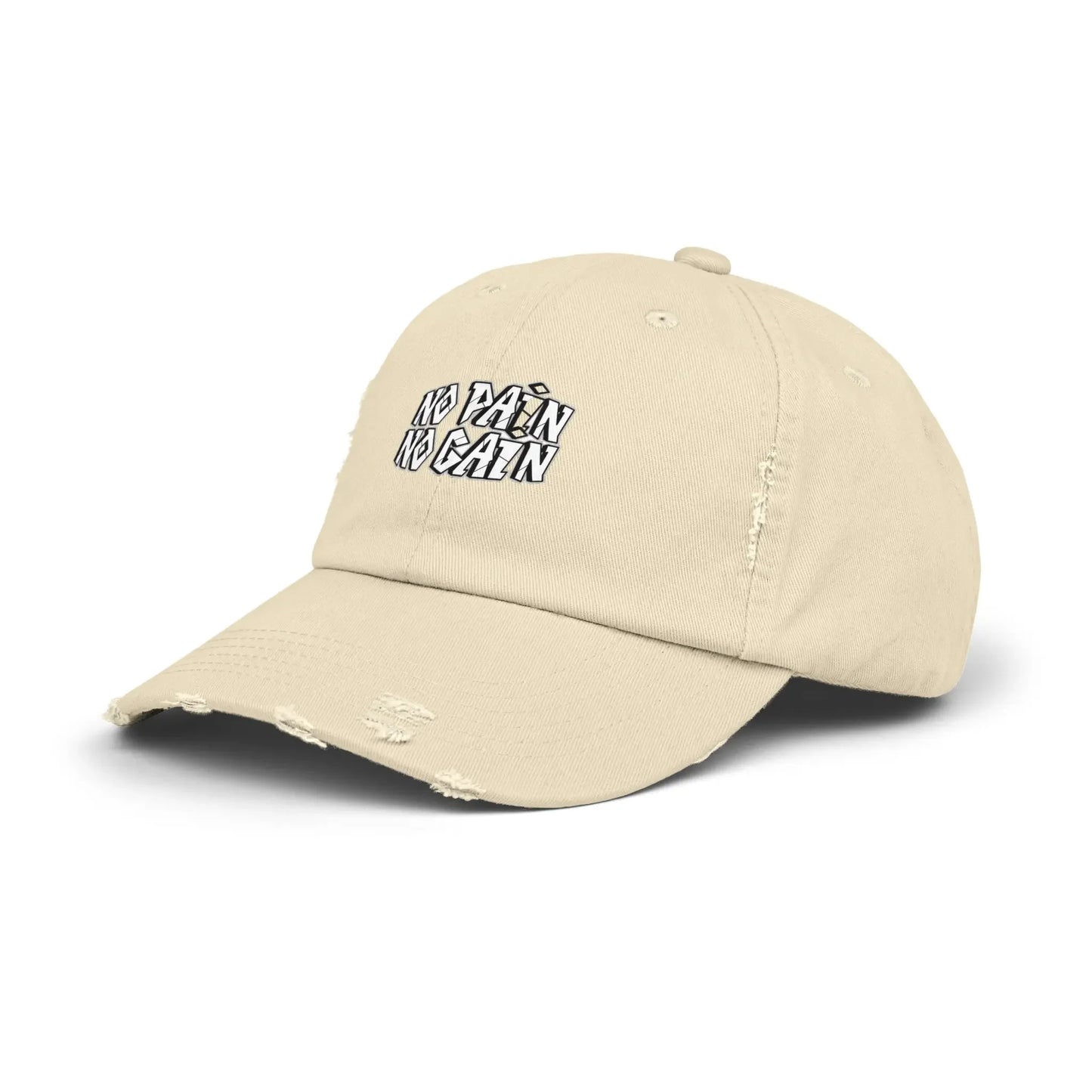 Beige distressed MY$TOAR cap with 'No Pain No Gain' text, luxury streetwear accessory
