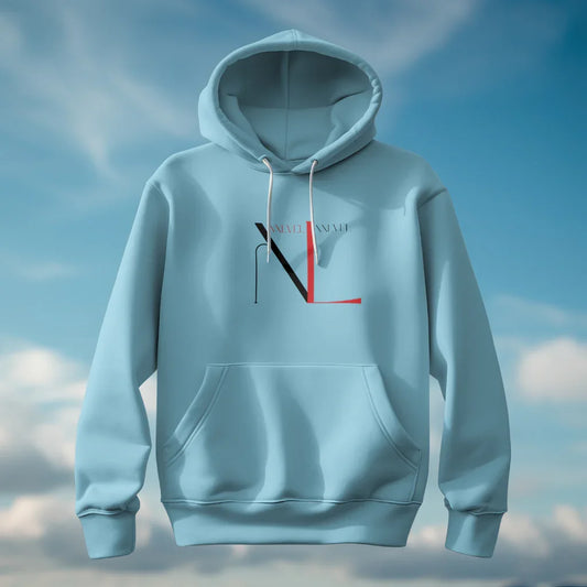 Light blue MY$TOAR luxury hoodie with modern red and black graphic, sky background