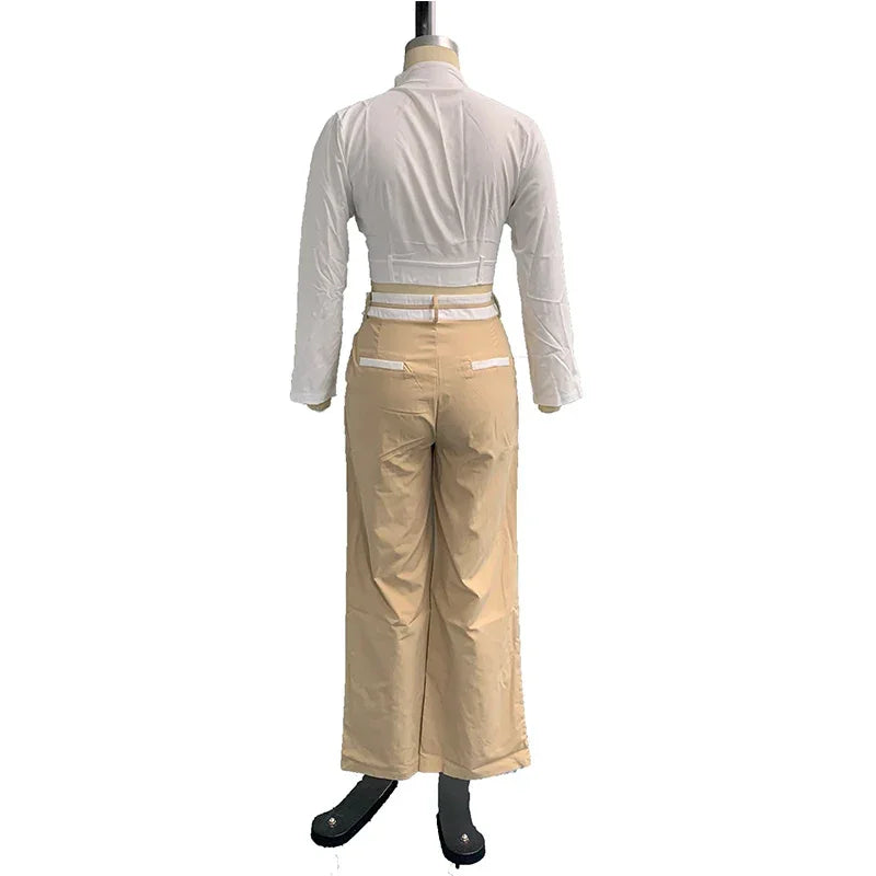 Back view of MY$TOAR women's beige pants and white long sleeve top two-piece office set