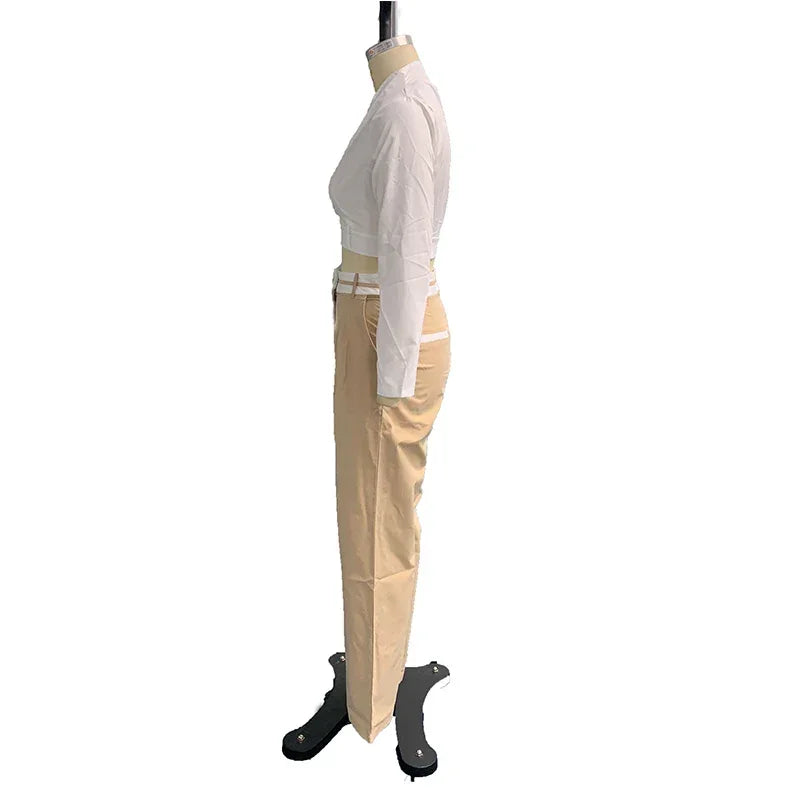 Beige high-waist pants and white long-sleeve crop top two-piece set on mannequin, MY$TOAR fashion