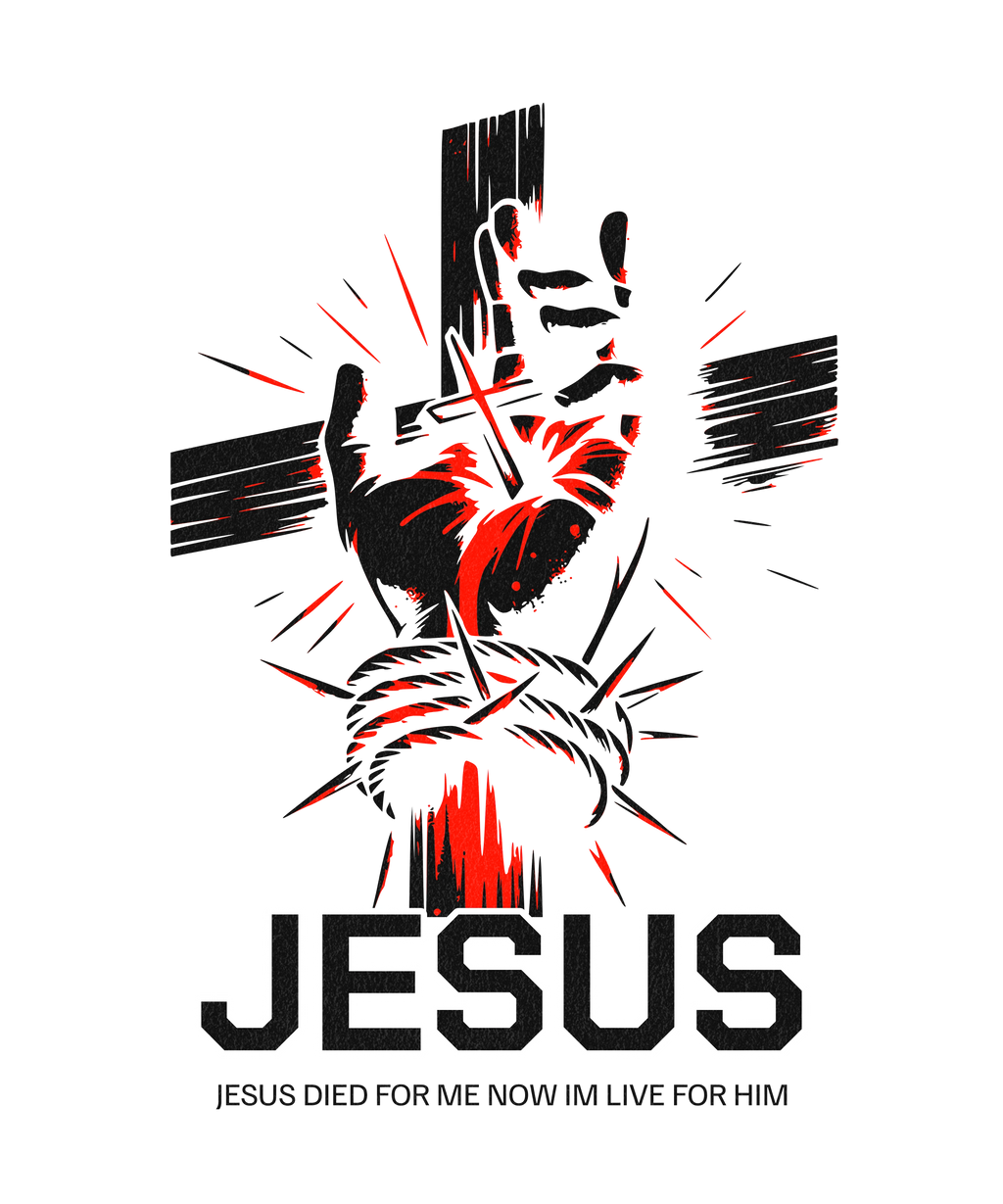 Artistic illustration of Jesus' nailed hand with crown of thorns and cross, MY$TOAR apparel design