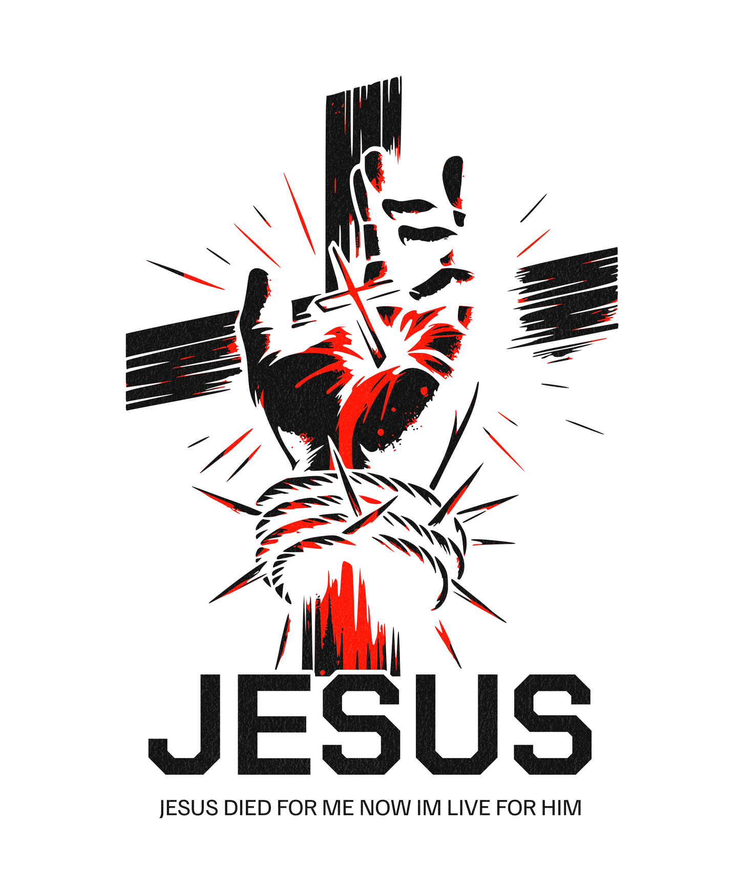 Artistic illustration of Jesus' nailed hand with crown of thorns and cross, MY$TOAR apparel design