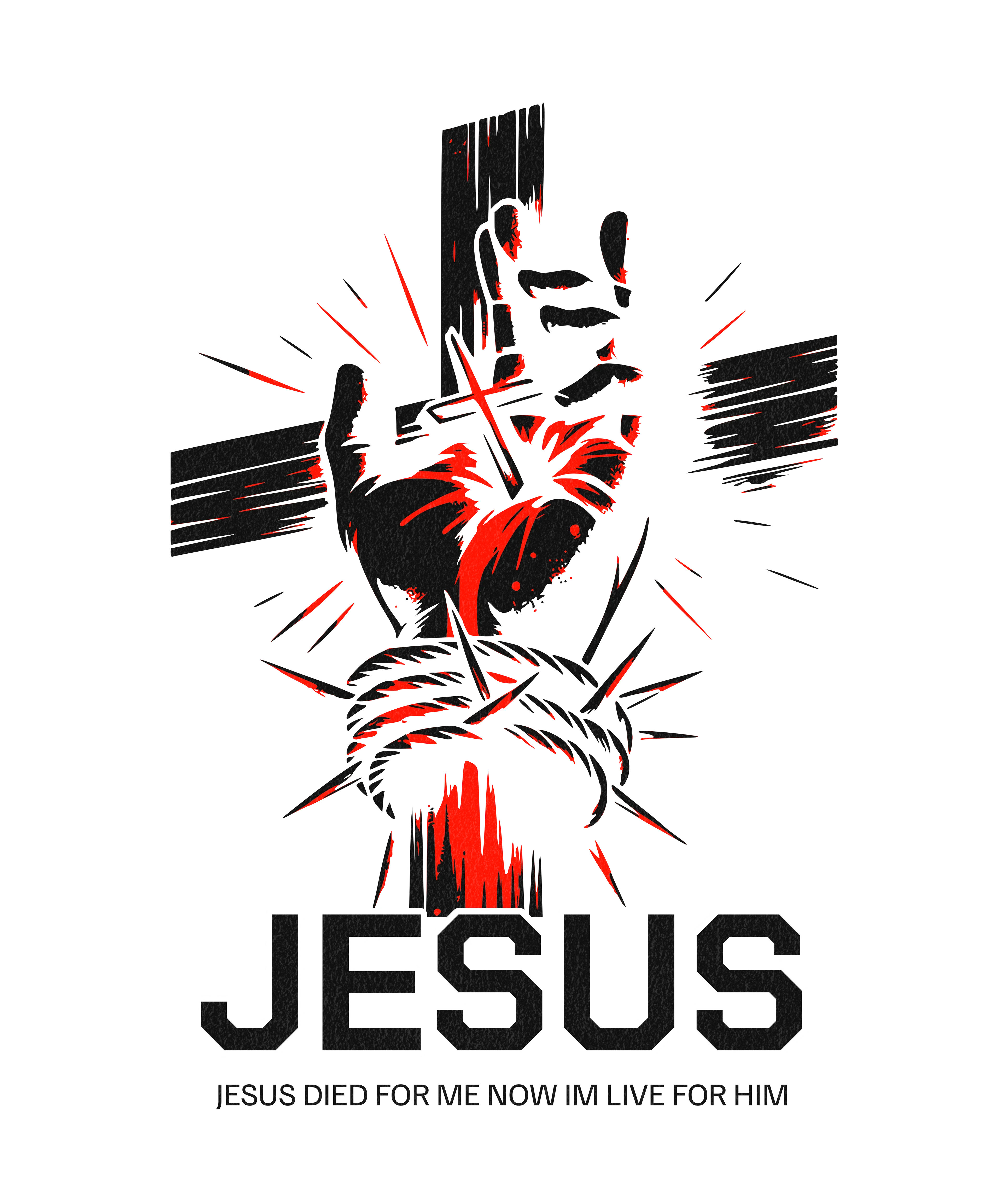Artistic illustration of Jesus' nailed hand with crown of thorns and cross, MY$TOAR apparel design
