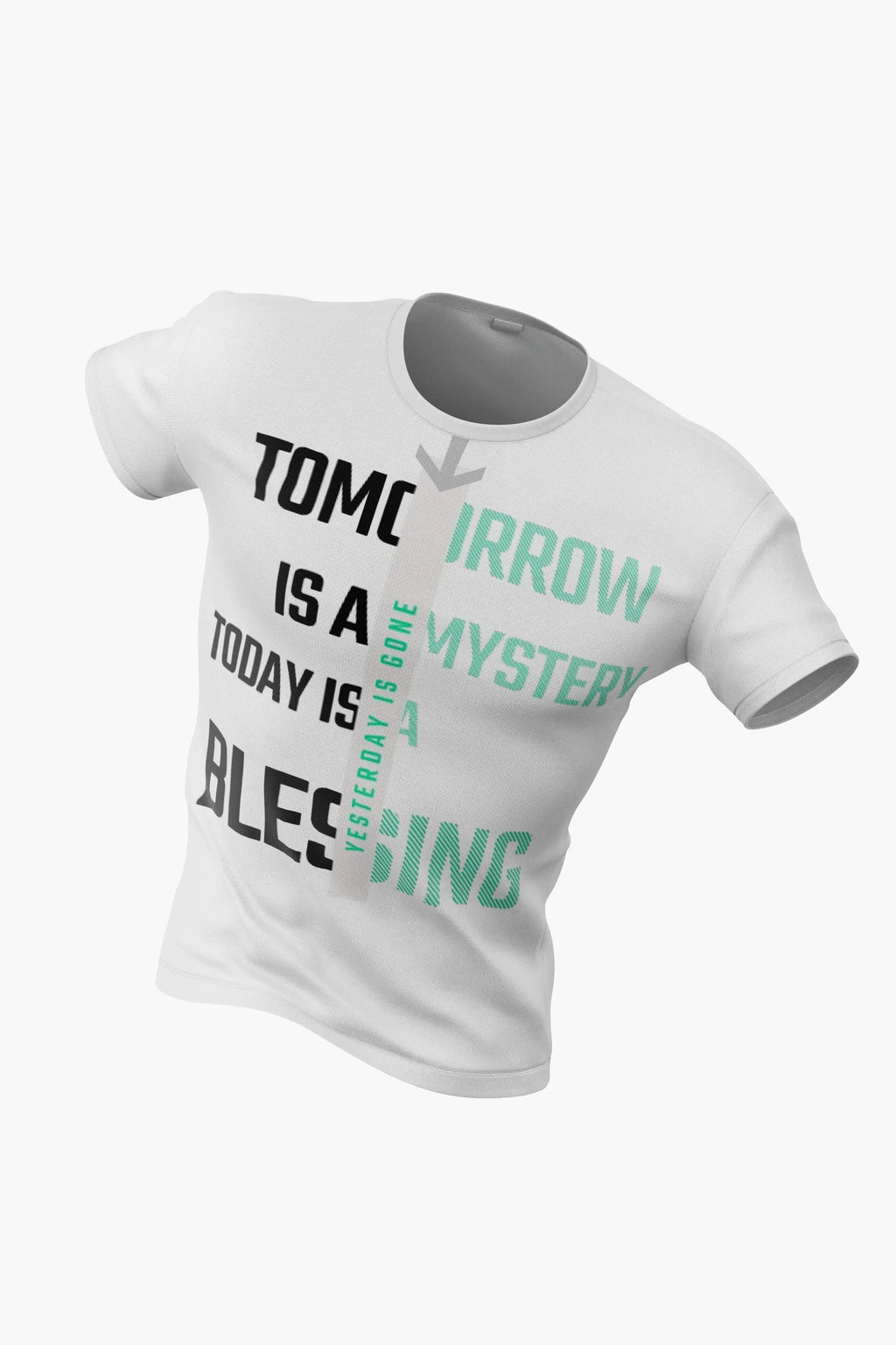MY$TOAR luxury white tee with motivational Tomorrow quote and bold black, green text design