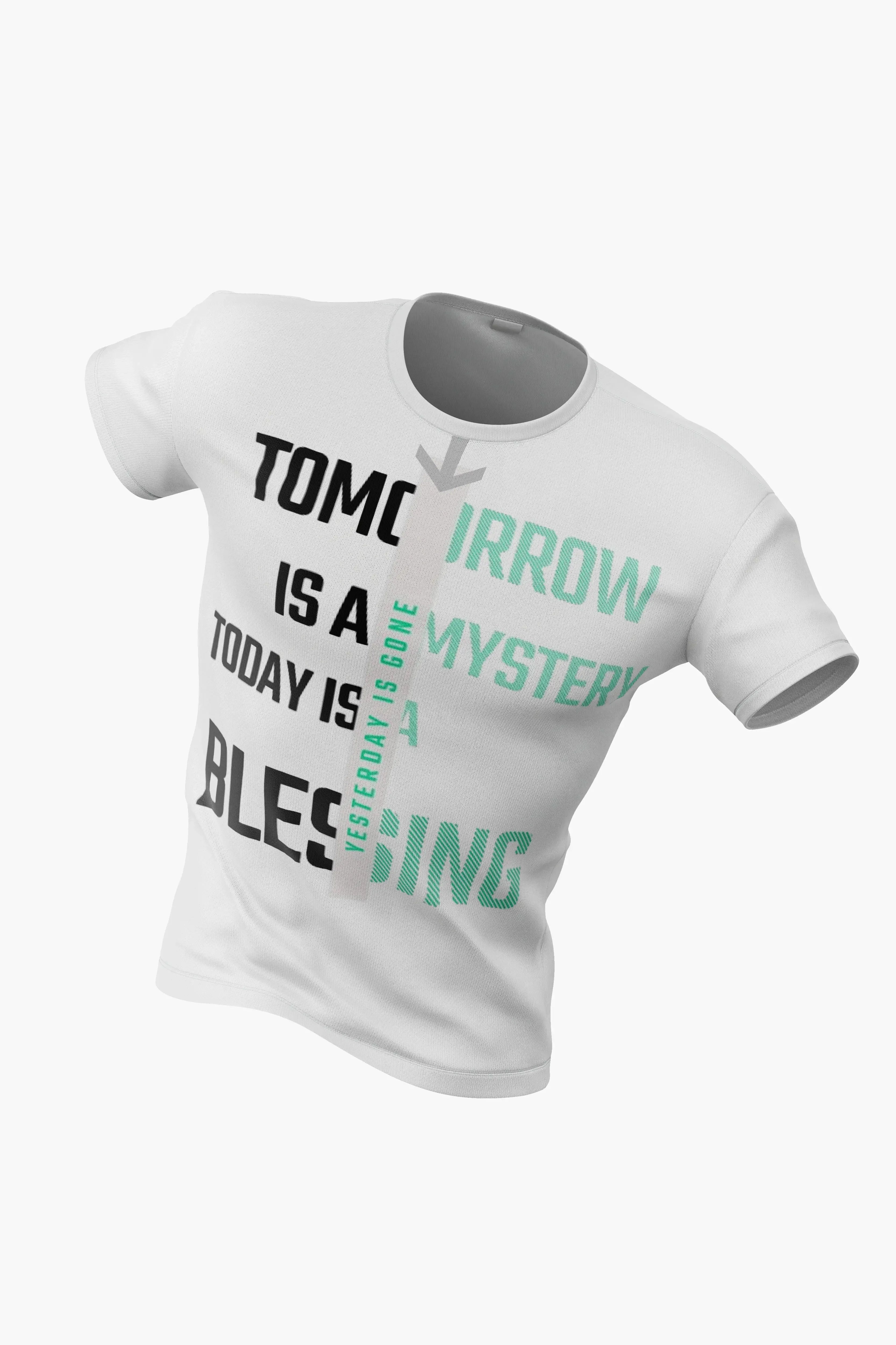 MY$TOAR luxury white tee with motivational Tomorrow quote and bold black, green text design