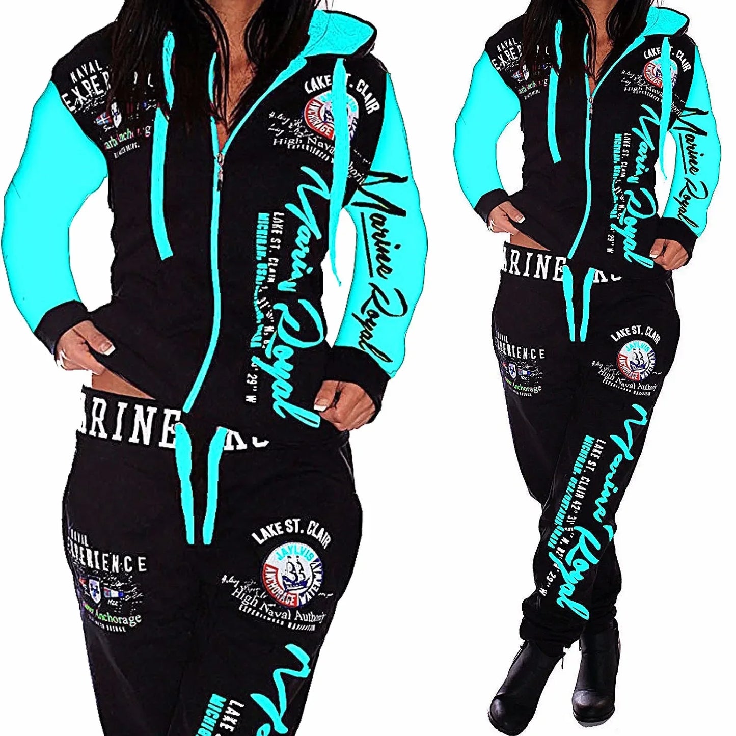 Women's black and turquoise printed hoodie and jogger two-piece set, luxury streetwear from MY$TOAR.