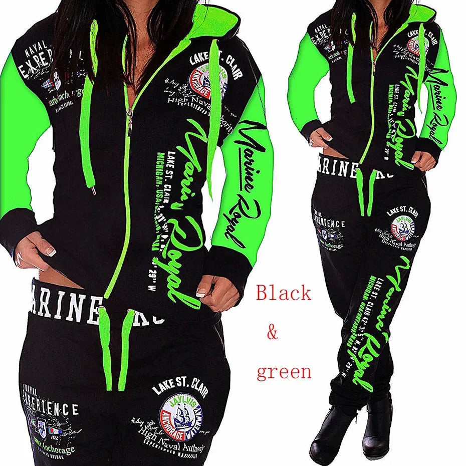 Women's black and neon green printed hoodie and pants set with bold graphic text, MY$TOAR apparel