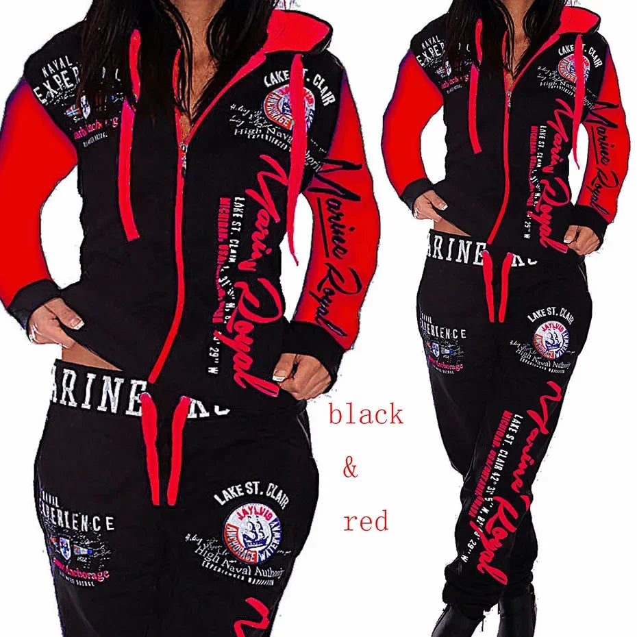 MY$TOAR women's black and red printed hoodie and pants set with Marine Royal graphics