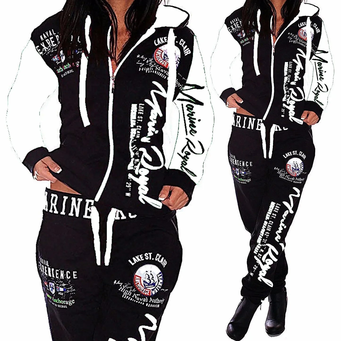 Women's black hoodie and pants set with white graphic text and patches, MY$TOAR print-on-demand fashion.