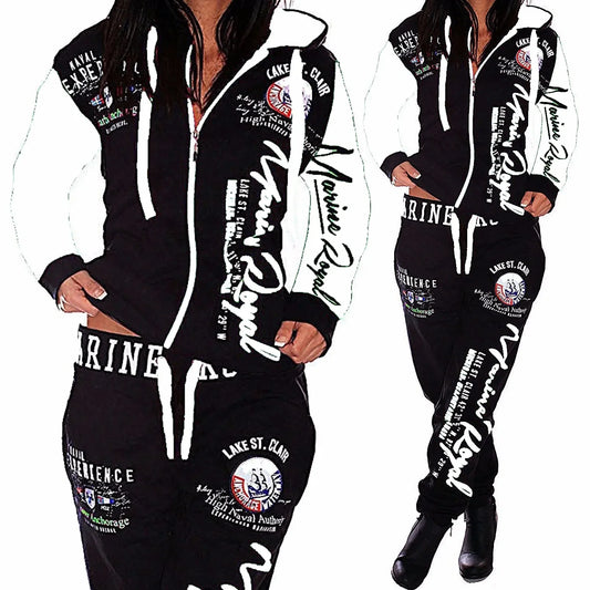 Women's black hoodie and pants set with white graphic text and patches, MY$TOAR print-on-demand fashion.