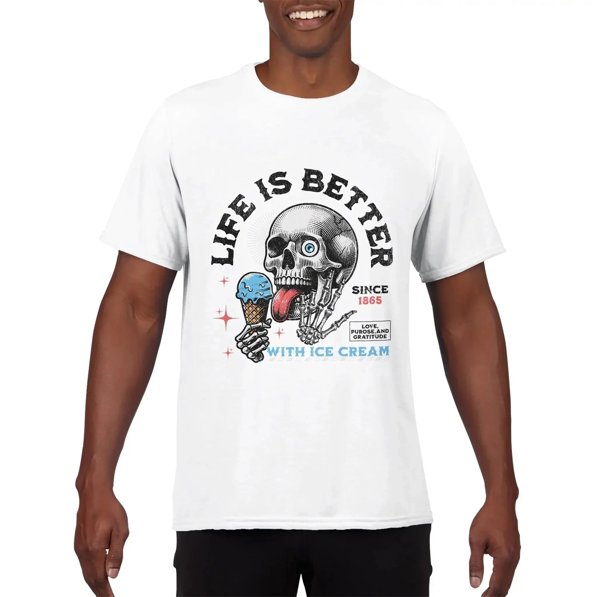 MY$TOAR luxury white tee with skull and ice cream graphic, bold text 'Life Is Better With Ice Cream'.