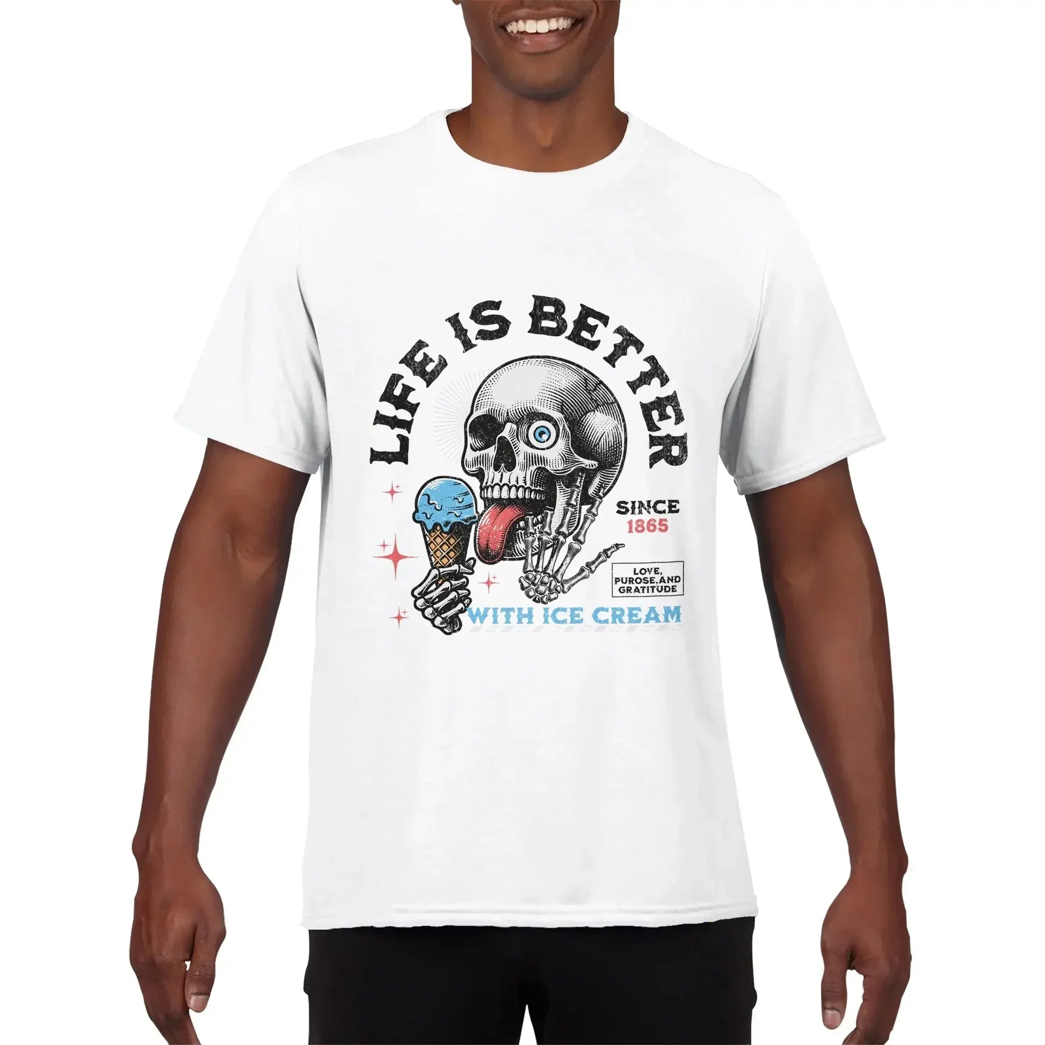 MY$TOAR luxury white tee with skull and ice cream graphic, bold text 'Life Is Better With Ice Cream'.