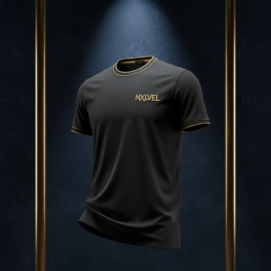 NXLVEL Premium Collection Tee - Luxury black t-shirt with gold accents