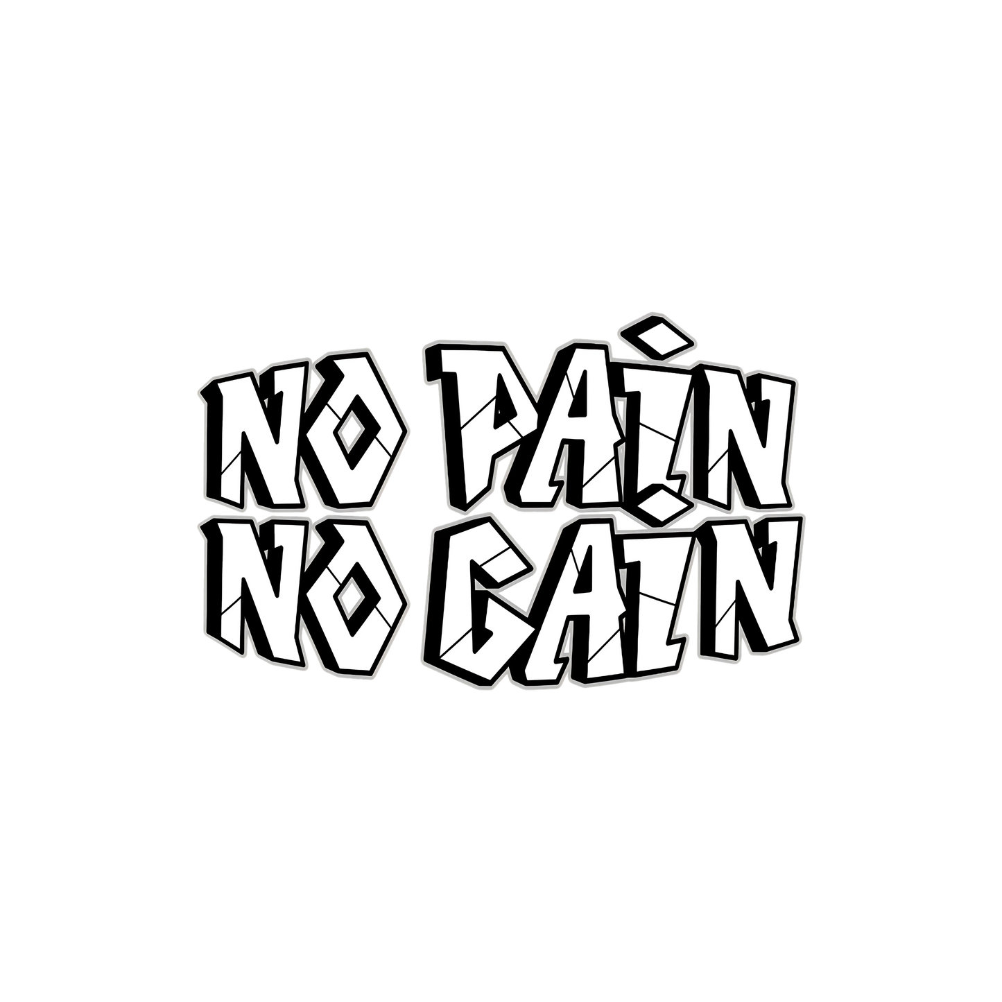 Bold graffiti text graphic reading 'No Pain No Gain' on black, MY$TOAR apparel design