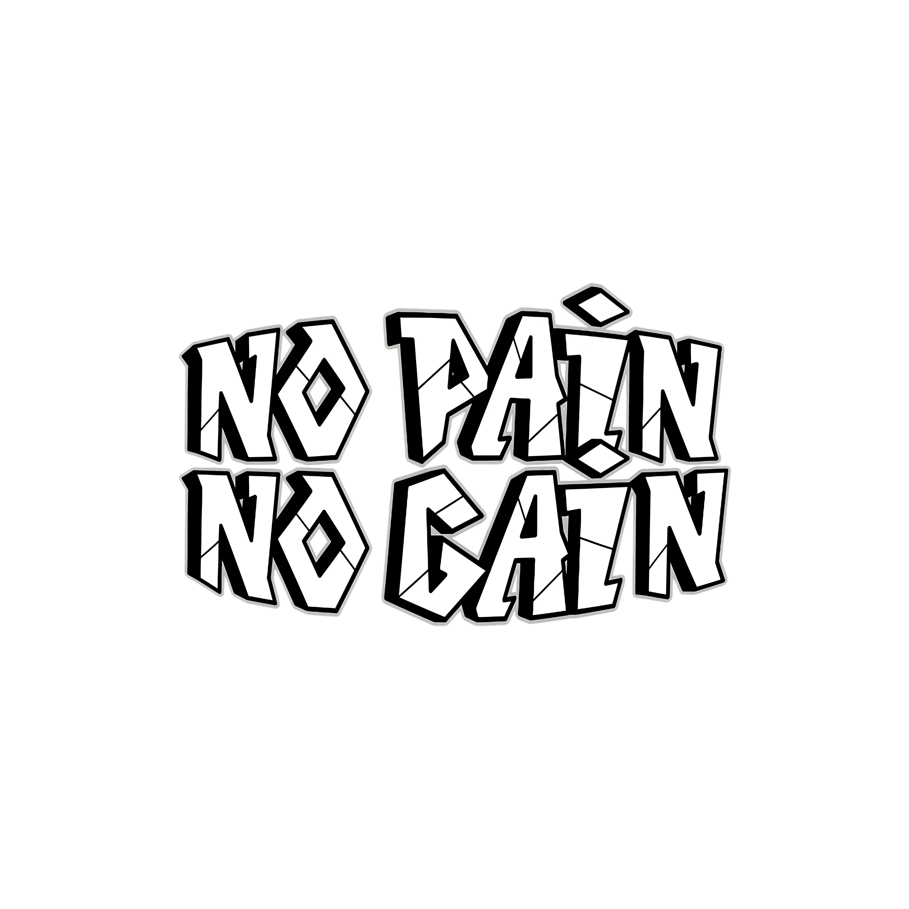 Bold graffiti text graphic reading 'No Pain No Gain' on black, MY$TOAR apparel design