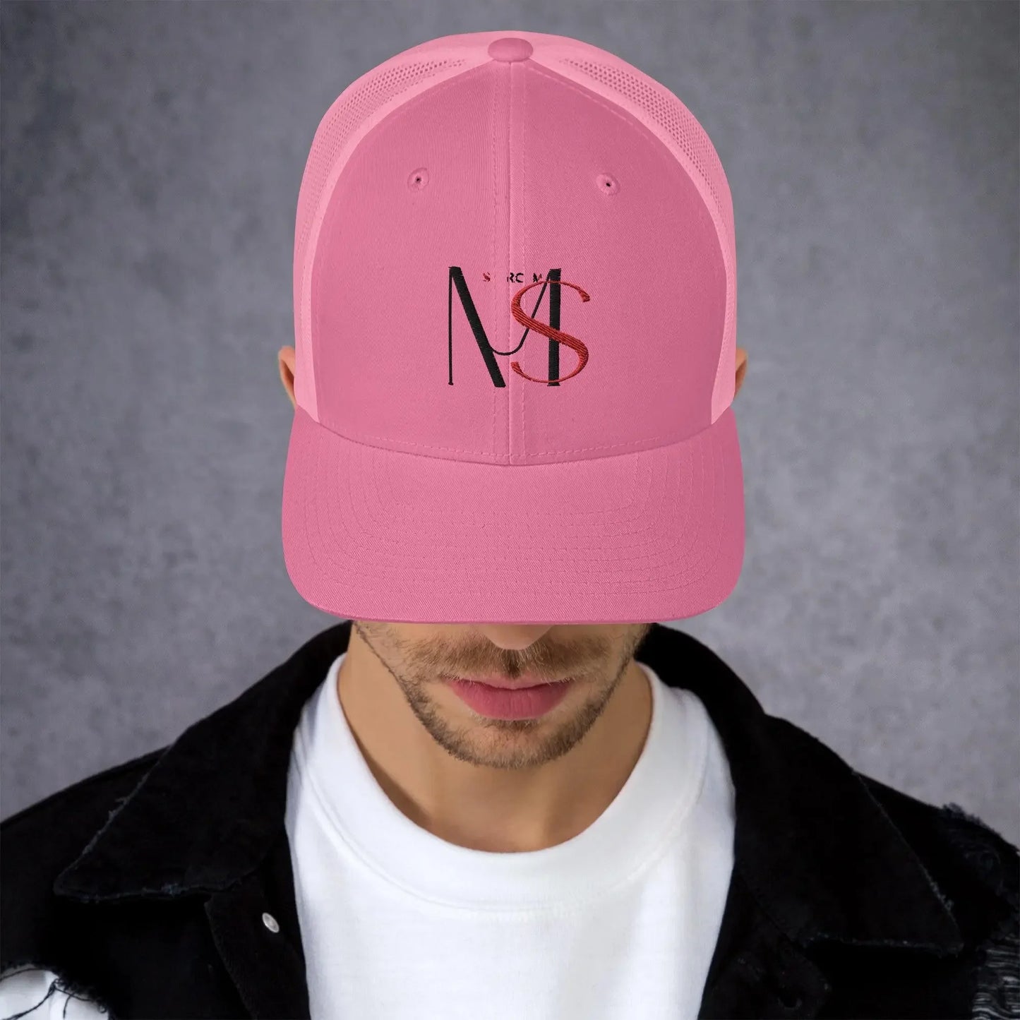 MY$TOAR retro pink trucker hat with logo, worn by man, luxury streetwear accessory