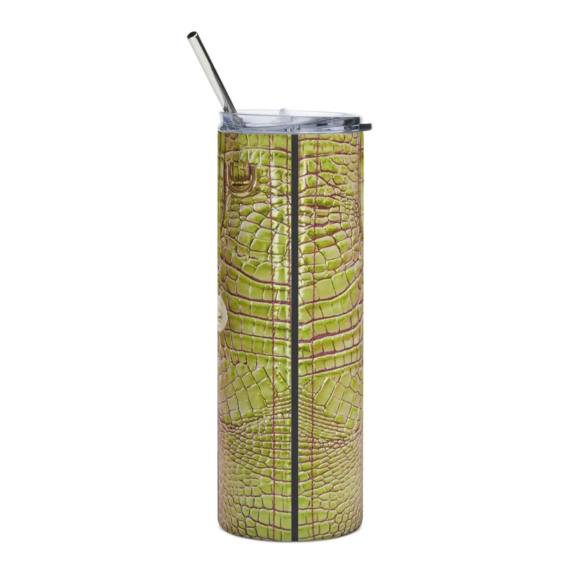 Tall stainless steel tumbler with green crocodile skin print and silver metal straw
