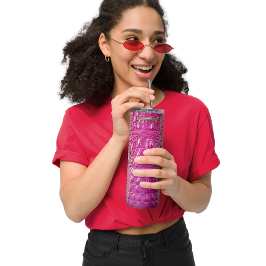 Woman in red shirt and sunglasses holding a pink textured tumbler with metal straw