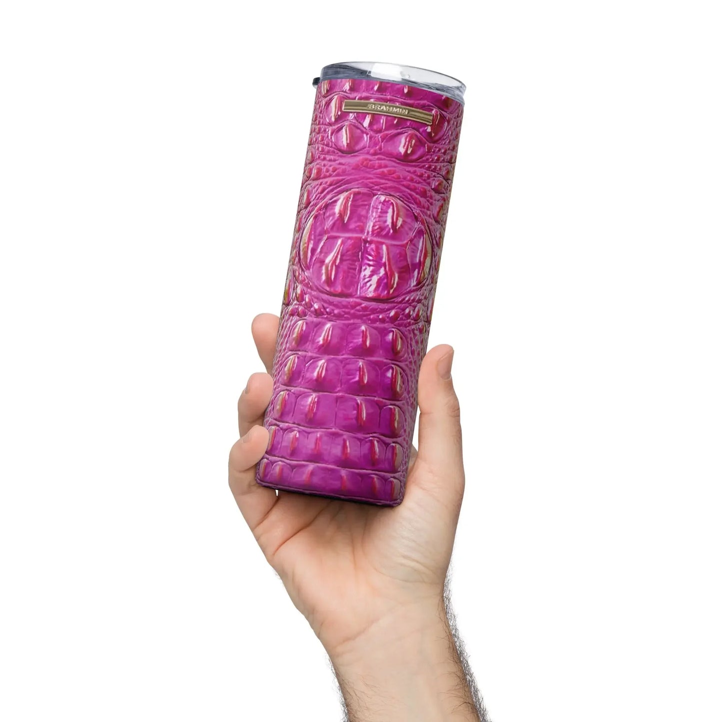 Hand holding a magenta crocodile-patterned luxury tumbler with gold accent from MY$TOAR