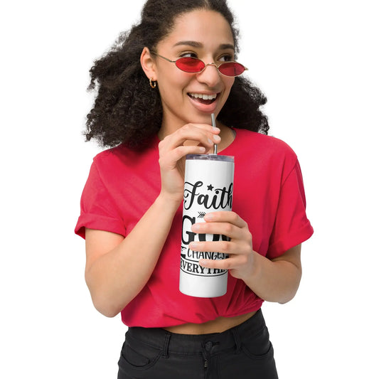 Woman in red shirt holding MY$TOAR white stainless steel tumbler with inspirational text
