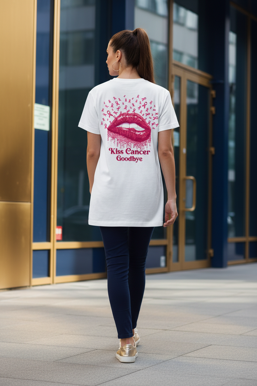 Urban woman wearing Kiss Cancer Goodbye T-Shirt - Back