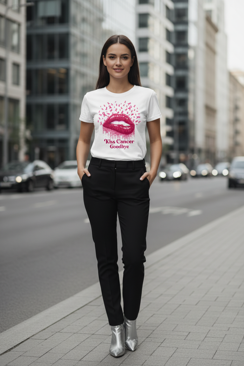 Urban woman wearing Kiss Cancer Goodbye T-Shirt - Front