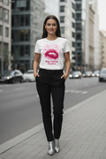 Urban woman wearing Kiss Cancer Goodbye T-Shirt - Front