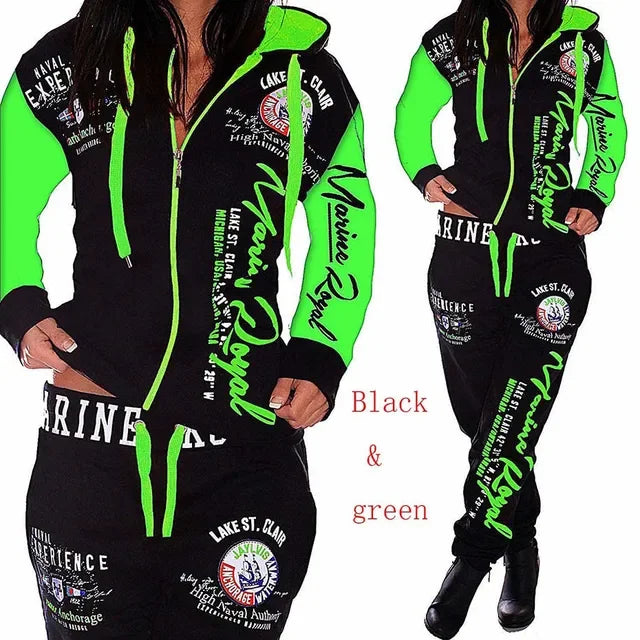 Black and green women's tracksuit with bold Marine Royal text, MY$TOAR luxury activewear style