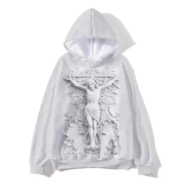 White hoodie with embossed crucifix design, MY$TOAR luxury print-on-demand apparel