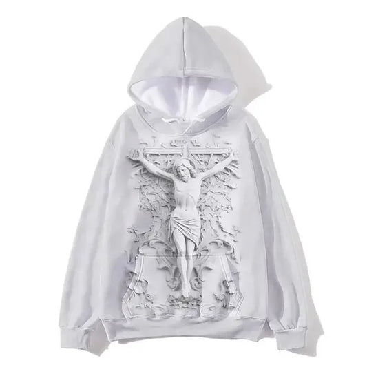 White hoodie with embossed crucifix design, MY$TOAR luxury print-on-demand apparel
