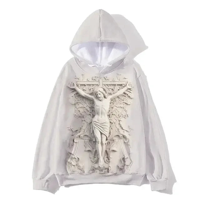 MY$TOAR luxury white hoodie with embossed crucifix and ornate baroque details on front